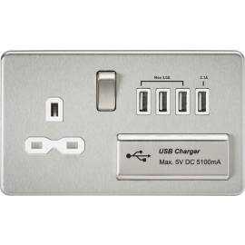 Screwless 13A switched socket with quad USB charger (5.1A)-SFR7USB4BCW-Knightsbridge-Brushed chome-White insert 