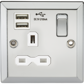 Knightsbridge 13A 1G Switched Socket Dual USB Charger Slots with White Insert - Bevelled Edge Polished Chrome CV91PCW
