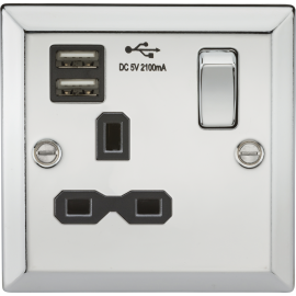 Knightsbridge 13A 1G Switched Socket Dual USB Charger Slots with Black Insert - Bevelled Edge Polished Chrome CV91PC