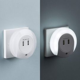 Plug in LED Night Light with Dual USB Charger Ports 5V DC 2.1A (shared)