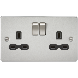 Knightsbridge Flat plate 13A 2G DP switched socket - brushed chrome with black insert FPR9000BC