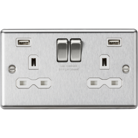 Knightsbirdge13A 2G switched socket with dual USB charger A + A (2.4A) - Brushed chrome with white insert