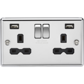 Knightsbridge 13A 2G SP Switched Socket with Dual USB A+A (5V DC 2.4A shared) - Polished Chrome with Black Insert CL9224PC