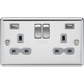 Knightsbridge 13A 2G SP Switched Socket with Dual USB A+A (5V DC 2.4A shared) - Polished Chrome with Grey Insert CL9224PCG