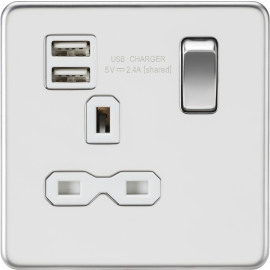 Knightsbridge Screwless 13A 1G switched socket with dual USB charger (2.4A) polished chrome with white insert SFR9124PCW
