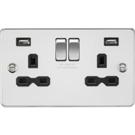 Knightsbridge 13A 2G switched socket with dual USB charger A + A (2.4A) - Polished chrome with black insert FPR9224PC