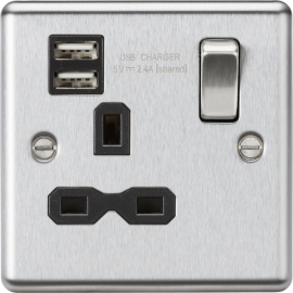 Knightsbridge 13A 1G SP Switched Socket with Dual USB A+A (5V DC 2.4A shared) - Brushed Chrome with Black Insert CL9124BC