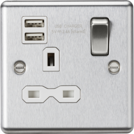 Knightsbridge 13A 1G Switched Socket Dual USB Charger Slots with White Insert - Rounded Edge Brushed Chrome CL9124BCW