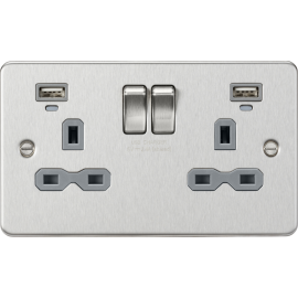 Knightsbridge 13A 2G Switched Socket, Dual USB (2.4A) with LED Charge Indicators - Brushed Chrome w/grey insert FPR9904NBCG