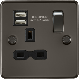 Knightsbridge 13A 1G SP Switched Socket with Dual USB A+A (5V DC 2.4A shared) - Gunmetal with Black Insert FPR9124GM
