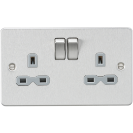 Knightsbridge Flat plate 13A 2G DP switched socket - brushed chrome with grey insert FPR9000BCG