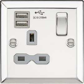 Knightsbridge 13A 1G Switched Socket Dual USB Charger Slots with Grey Insert - Bevelled Edge Polished Chrome CV91PCG