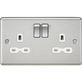 13A 2G DP Switched Socket with White Insert - Rounded Edge Brushed Chrome