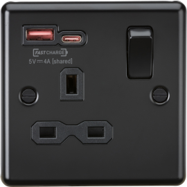 Knightsbridge 13A 1G SP Switched Socket with Dual USB A+C 12V DC 1.5A [Max. 18W] - Matt Black with Black Insert CL9919MBB