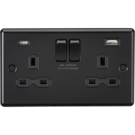 Knightsbridge 13A 2G SP Switched Socket with Dual USB A+C (5V DC 4.0A shared) - Matt Black with Black Insert CL9940MBB