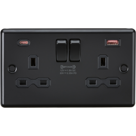 Knightsbridge 13A 2G DP Switched Socket with Dual USB A+C 20V DC 2.25A (Max. 45W) - Matt Black with Black Insert CL9945MBB