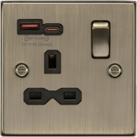 Knightsbridge 13A 1G SP Switched Socket with Dual USB A+C 12V DC 1.5A [Max. 18W] - Antique Brass with Black Insert CS9919AB