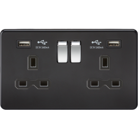 13A 2G Switched Socket with Dual USB Charger (2.4A) - Matt Black with Chrome Rockers