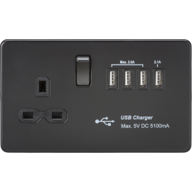 Screwless 13A switched socket with quad USB charger (5.1A) - Matt Black
