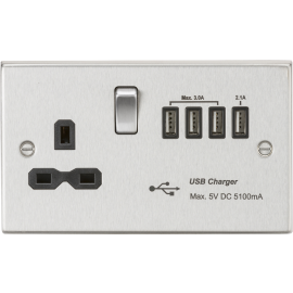 Knightsbridge CS7USB4BC Switched Socket with 5.1 A Quad USB Charger, Brushed Chrome with Black Insert, 13 A