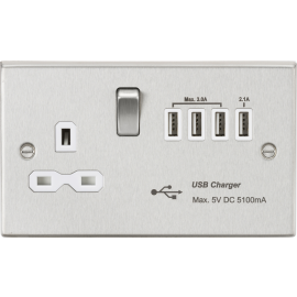 Knightsbridge 13A Switched Socket with Quad USB-A (5V DC 5.1A shared) - Brushed Chrome with White Insert CS7USB4BCW