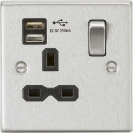 Knightsbridge CS91BC Switched Socket, 2.1 A Dual USB Charger with Black Insert, Square Edge Brushed Chrome, 13 A, 1G