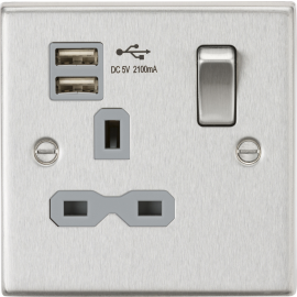 Knightsbridge CS91BCG Switched Socket, 2.1 A Dual USB Charger with Grey Insert, Square Edge Brushed Chrome, 13 A, 1G