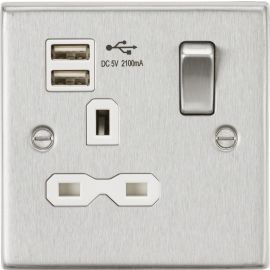 Knightsbridge CS91BCW Switched Socket, 2.1 A Dual USB Charger with White Insert, Square Edge Brushed Chrome, 13 A, 1G