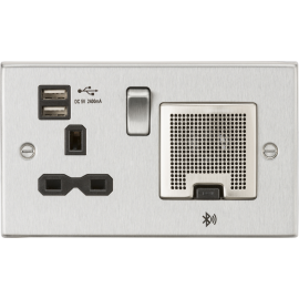 Knightsbridge CS9905BC Socket, 2.4 A USB Chargers & Bluetooth Speaker, Square Edge Brushed Chrome with Black Insert, 13 A