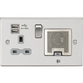 Knightsbridge CS9905BCG Socket, 2.4 A USB Chargers & Bluetooth Speaker, Square Edge Brushed Chrome with Grey Insert, 13 A