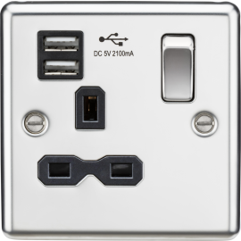 Knightsbridge 13A 1G SP Switched Socket with Dual USB A+A (5V DC 2.1A shared) - Polished Chrome with Black Insert CL91PC