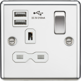 Knightsbridge 13A 1G SP Switched Socket with Dual USB A+A (5V DC 2.1A shared) - Polished Chrome with White Insert CL91PCW