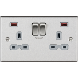 Knightsbridge 13A 2G DP Switched Socket with Dual USB A+A (18W FASTCHARGE) - Brushed Chrome with Grey Insert CS9908BCG