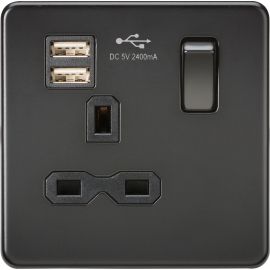 Screwless 13A 1G switched socket with dual USB charger (2.4A) - matt black