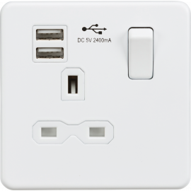 Screwless 13A 1G switched socket with dual USB charger (2.4A) - matt white