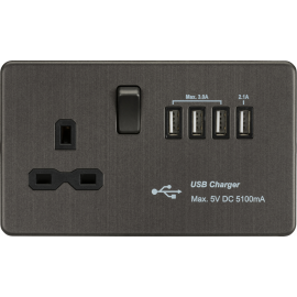 Screwless 13A switched socket with Quad USB charger (5.1A) - Smoked Bronze