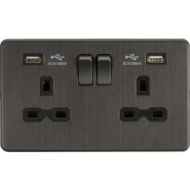 13A 2G switched socket with dual USB charger A + A (2.4A) - Smoked bronze