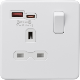 13A 1G Switched Socket with Dual Fast Charge Outlets A+C (5-12V 4A shared) - matt white
