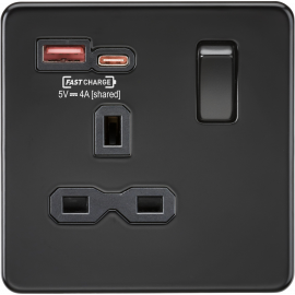 13A 1G Switched Socket with Dual Fast Charge Outlets A+C (5-12V 4A shared) - matt black
