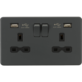 Knightsbridge 13A 2G switched socket with dual USB charger A + A Anthracite SFR9224AT