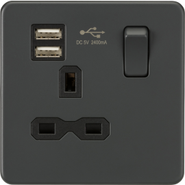 Screwless 13A 1G switched socket with dual USB charger (2.4A) - Anthracite