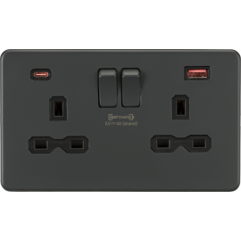 13A 2G DP switched socket with dual USB charger A + C (FASTCHARGE) - Anthracite