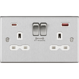 Knightsbridge 13A 2G DP Switched Socket with Dual USB A+C 12V DC 1.5A [Max. 18W] - Brushed Chrome w/White Insert CS9909BCW