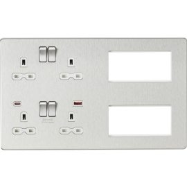 Knightsbridge Screwless Combination Plate with Dual USB FASTCHARGE A+C Brushed Chrome SFR998BCW