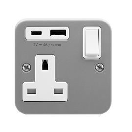 Metal Clad 13A 1  Gang  Switched Safety Shutter Socket Outlet With Type A & C Usb (4A) Outlets CL785