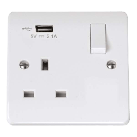 Scolmore 13A 1 Gang Switched Socket Outlet With Single 2.1A USB Outlet CMA771U