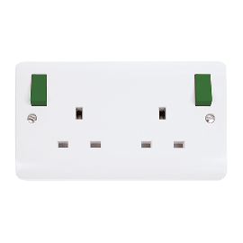 Scolmore 13A 2 Gang DP Switched Socket Outlet With Outboard Green Rockers CMA836PWGR