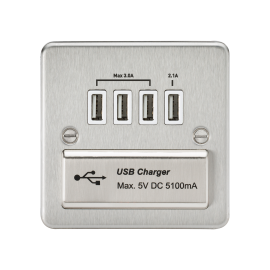 Knightsbridge Flat Plate Quad USB charger outlet - Brushed chrome with white insert FPQUADBCW