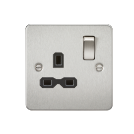 ML933 - BRUSHED CHROME FLAT PLATE 13A 1G DP SWITCHED SOCKET, IP20 W/ BLACK INSERT & 15YR WARRANTY