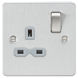 Flat plate 13A 1G DP switched socket-FPR7000-Knightsbridge-Brushed chome-Grey insert 